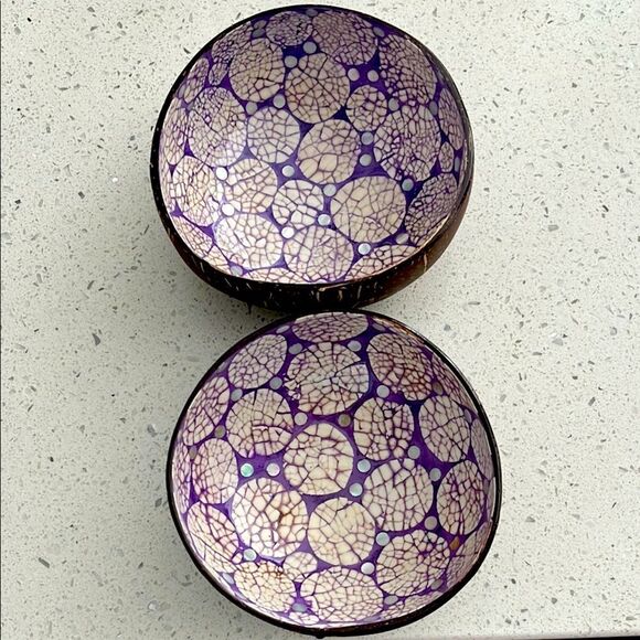 Coconut Bowls Hand inlaid with Shells with Purple Decorative Bowls Set of 2 - Picture 1 of 8